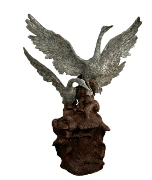 Two Swans Taking Off Bronze Sculpture Piped Statue Garden Centerpiece
